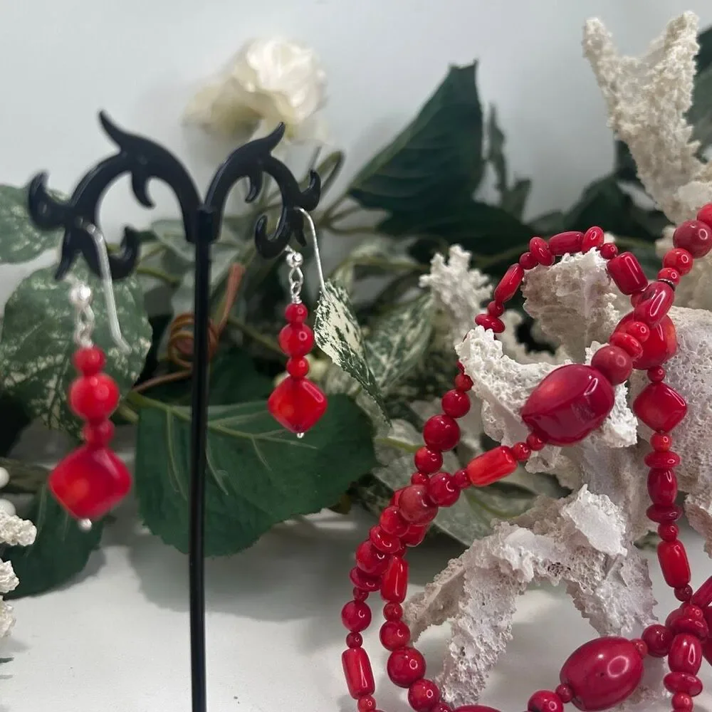 Vintage 70s Beaded Necklace Bracelet And Dangle Earrings Set Red Coral Beads